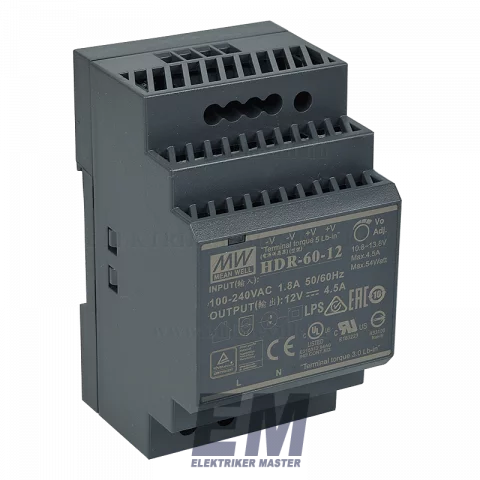 Mean Well Sínre szerelhető tápegység 54W 12VDC HDR-60-12