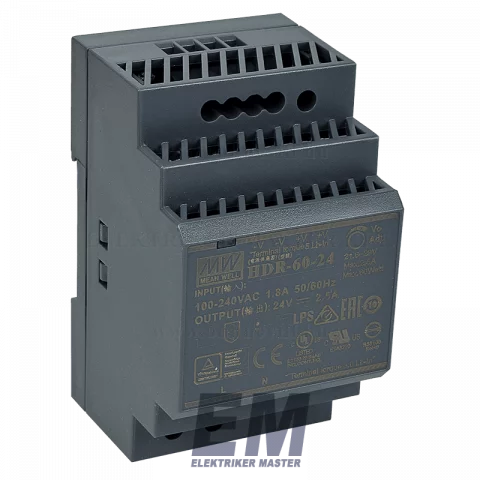 Mean Well Sínre szerelhető tápegység 60W 24VDC HDR-60-24