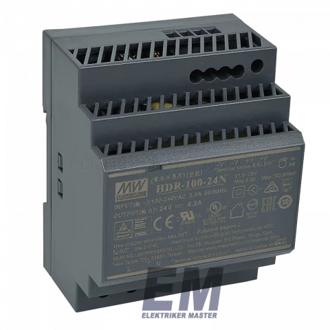 Mean Well Sínre szerelhető tápegység 100W 24VDC HDR-100-24N