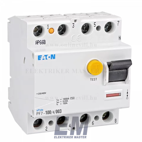 Fi relé 4P 100A 30mA 10kA (AC) áramvédő kapcsoló ÁVK ÉV relé Eaton Moeller PF7-100/4/003 (102925)