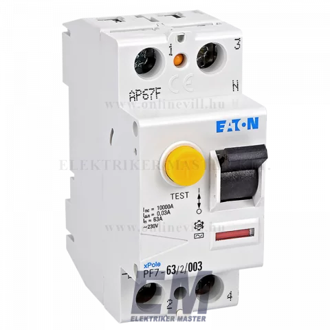 Fi relé 2P 63A 30mA 10kA (AC) áramvédő kapcsoló ÁVK ÉV relé Eaton Moeller PF7-63/2/003-DE (263581)