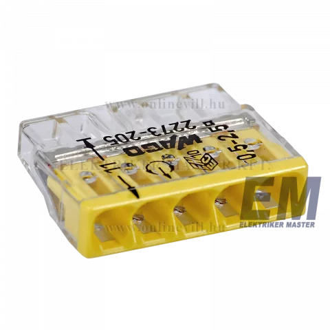 WAGO 5 vezetékes összekötő (tömör 0,5-2,5mm2) 24A átlátszó sárga 2273-205, 100db/doboz