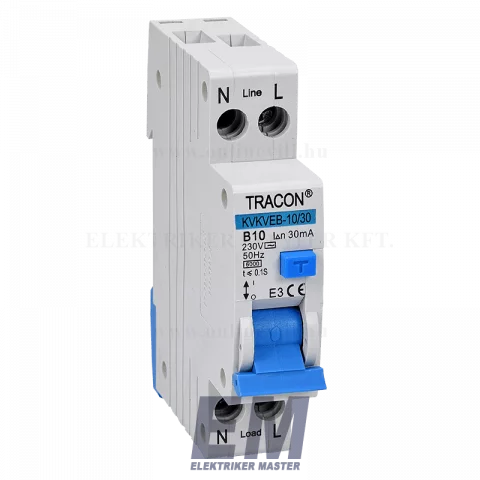 Kombinált Fi relé 1P+N 10A 30mA 6kA (AC) áramvédő kapcsoló + B kismegszakító Tracon KVKVEB-10/30