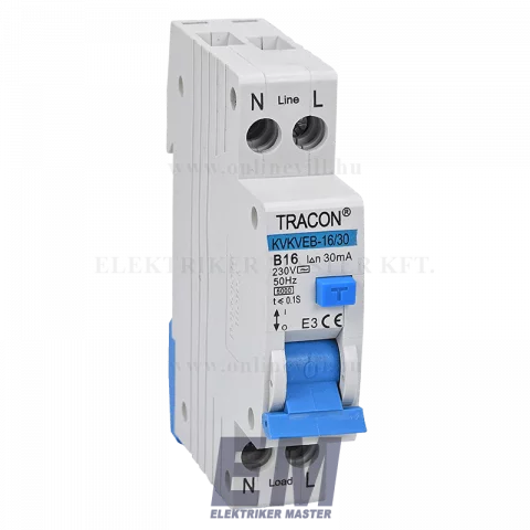 Kombinált Fi relé 1P+N 16A 30mA 6kA (AC) áramvédő kapcsoló + B kismegszakító Tracon KVKVEB-16/30