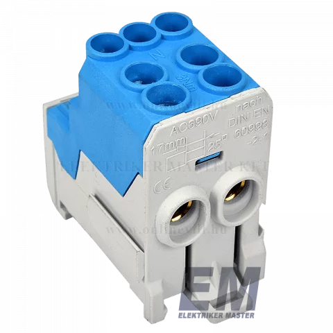 Elosztó blokk 2x25mm2 6x10mm2 kék sínre szerelhető Leipold UVB100-L 080010-1-4