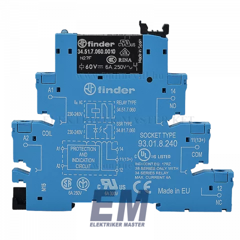 Finder Miniatűr dugaszolható ipari relé 1 morzés (NC) érintkezős 240V AC 6A (345170600010+93018240)
