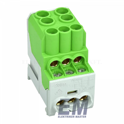 Elosztó blokk 2x25mm2 6x10mm2 zöld sínre szerelhető Leipold UVB100-L 080010-2-4