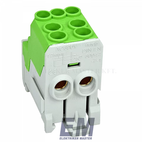 Elosztó blokk 2x25mm2 6x10mm2 zöld sínre szerelhető Leipold UVB100-L 080010-2-4