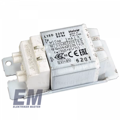 Helvar AT18/20W A-T előtét kompakt fénycsőhöz 26W, PL-L2 18-24W, 2D 28hoz is 150x42x28mm