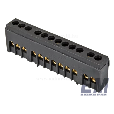 Gyűjtősín szigetelt fázis sín TS35 12P sínre pattintható 63A fekete 6x9mm 230/400VAC Tracon NPE-ZBK