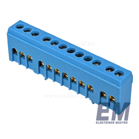 Gyűjtősín szigetelt nulla sín TS35 12P sínre pattintható 63A kék 6x9mm 230/400VAC Tracon NPE-ZB