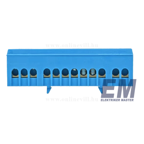 Gyűjtősín szigetelt nulla sín TS35 12P sínre pattintható 63A kék 6x9mm 230/400VAC Tracon NPE-ZB