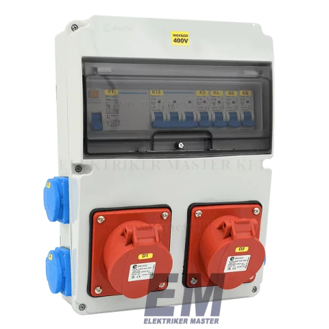 Ipari csatlakozó tábla 11mod ablak 2x5P16A + 4x2P+F alj IP44 kismegszakító + FI-vel szerelt doboz