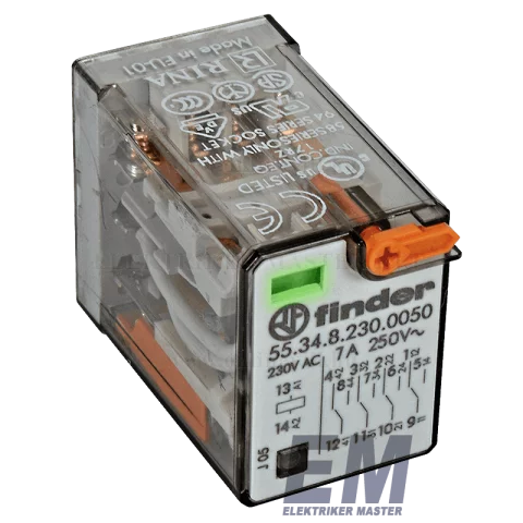Finder Miniatűr dugaszolható ipari relé 4 váltóérintkezős 230V AC 7A ledes 55.34.8.230.0050