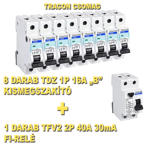 Tracon egységcsomag: 2P 40A 30mA Fi-relé TFV2-40030 + 1P B 16A kismegszakító TDZ-1B-16 (1+8db)