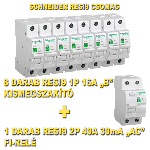 Schneider Resi9 csomag: 2P 40A 30mA (AC) Fi-relé R9R11240+1P B 16A kismegszakító R9F04116 (1+8db)