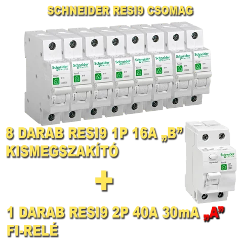 Schneider Resi9 egységcsomag: 2P 40A 30mA (A) ÁVK R9R01240+1P B 16A kismegszakító R9F04116 (1+8db)