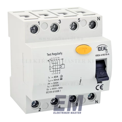 Fi relé 4P 40A 30mA (A) áramvédő kapcsoló ÁVK ÉV relé Kanlux KRD6