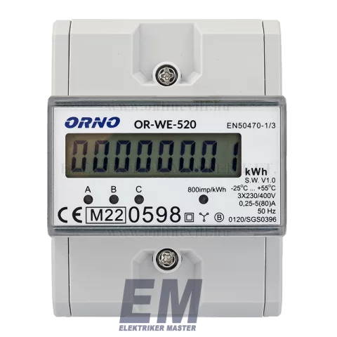 Digitális Fogyasztásmérő 3 fázisú 80A direkt mérő MID hitelesített 5 mod Orno OR-WE-520