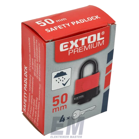 Biztonsági lakat 50mm 4db kulcs 14mm szár vízálló Extol Premium 8857550