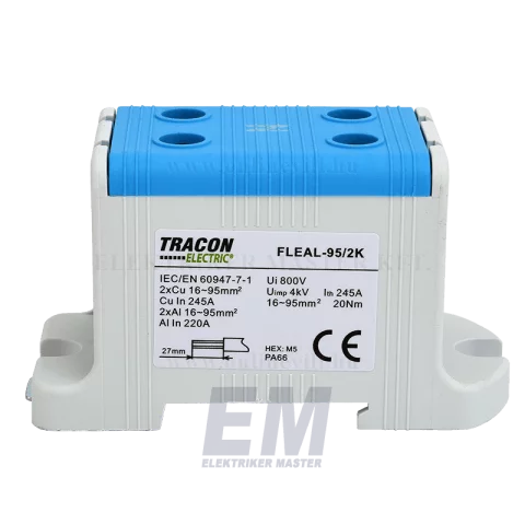 Fővezetéki leágazó sorkapocs 16-95 mm2 kék sínre/felületre szerelhető Tracon FLEAL-95/2K