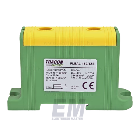 Fővezetéki leágazó sorkapocs 150 mm2 z/s sínre/felületre szerelhető Tracon FLEAL-150/1ZS