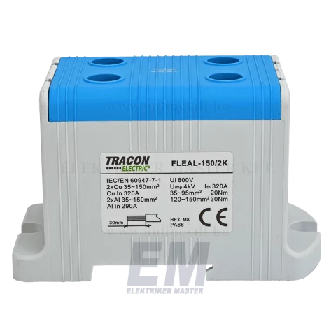 Fővezetéki leágazó sorkapocs 150 mm2 Kék sínre/felületre szerelhető Tracon FLEAL-150/2K