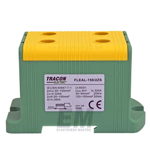 Fővezetéki leágazó sorkapocs 150 mm2 z/s sínre/felületre szerelhető Tracon FLEAL-150/2ZS