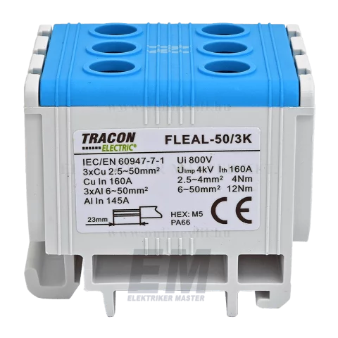 Fővezetéki leágazó sorkapocs 50 mm2 Kék sínre szerelhető Tracon FLEAL-50/3K
