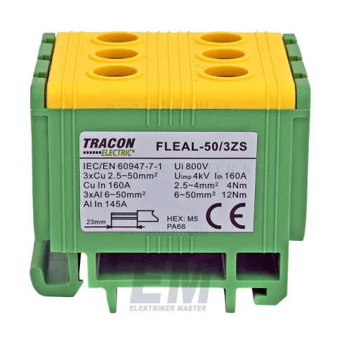 Fővezetéki leágazó sorkapocs 50 mm2 z/s sínre szerelhető Tracon FLEAL-50/3ZS