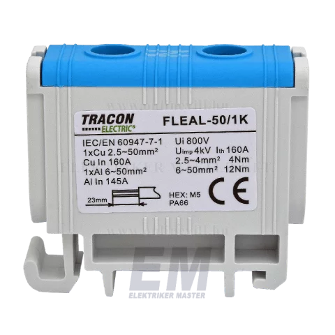 Fővezetéki leágazó sorkapocs 6-50 mm2 kék sínre szerelhető Tracon FLEAL-50/1K