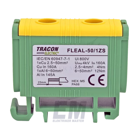 Fővezetéki leágazó sorkapocs 6-50 mm2 z/s sínre szerelhető Tracon FLEAL-50/1ZS