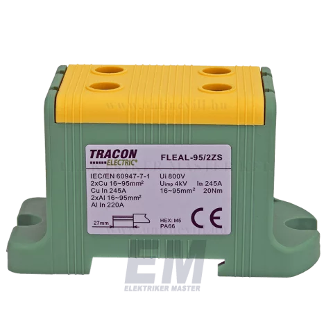 Fővezetéki leágazó sorkapocs 16-95 mm2 z/s sínre/felületre szerelhető Tracon FLEAL-95/2ZS