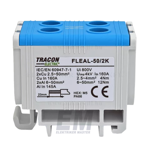 Fővezetéki leágazó sorkapocs 6-50 mm2 kék sínre szerelhető Tracon FLEAL-50/2K