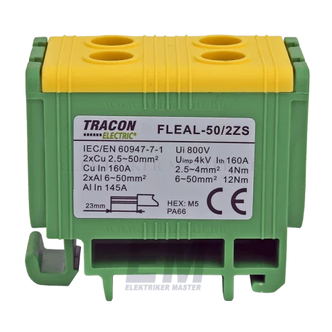 Fővezetéki leágazó sorkapocs 6-50 mm2 z/s sínre szerelhető Tracon FLEAL-50/2ZS