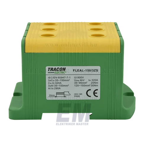 Fővezetéki leágazó sorkapocs 150 mm2 z/s sínre szerelhető Tracon FLEAL-150/3ZS