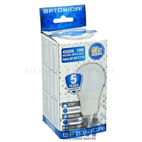 E27 LED Izzó 10W 4500K természetes fehér prémium A60 Optonica SP1719