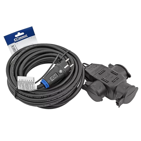 Fűnyíró hosszabbító gumi kábel 10m H07RN-F 3x1,5 3-as elosztóval szerelve IP44 Commel 220-402