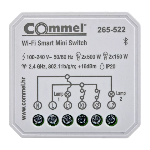 Wifi okos mini kapcsoló 2 csatorna 2x150W/2x500W 220-240V 2,4GHz Commel 265-522