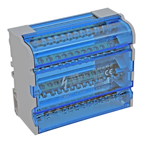 Elosztó blokk emeletes 4P 3×16mm2 8×10mm2 sínre szerelhető Tracon FLSO16-4P11