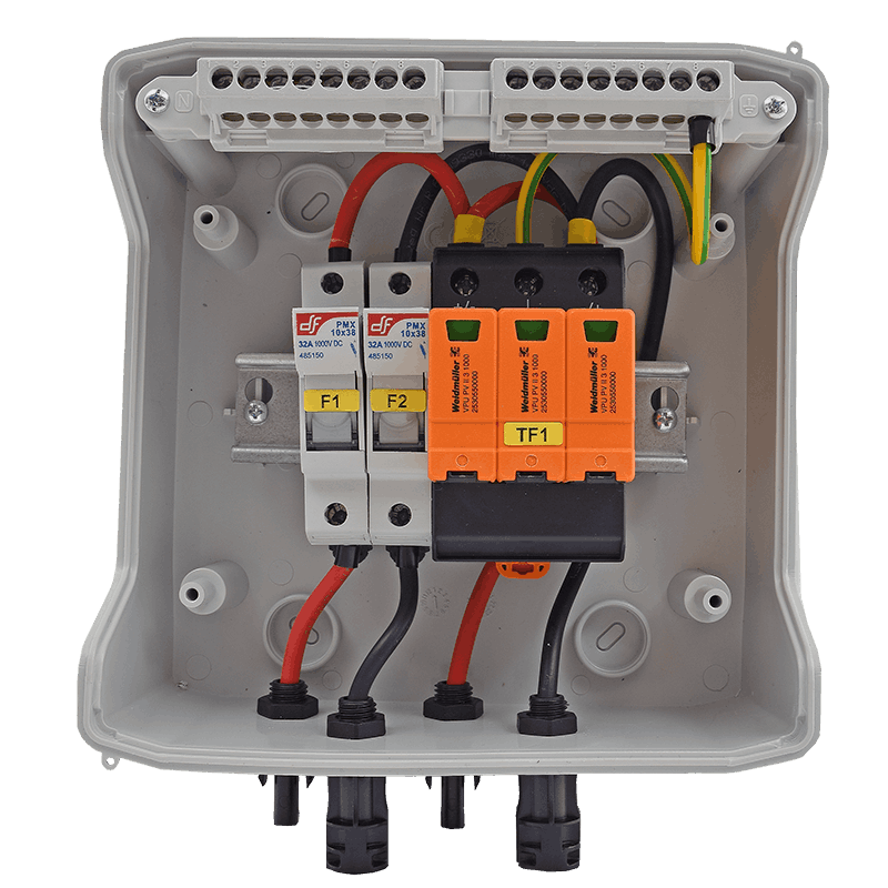 Napelem DC doboz 1 string szerelt solar 1500V DC kültéri IP65 elosztó