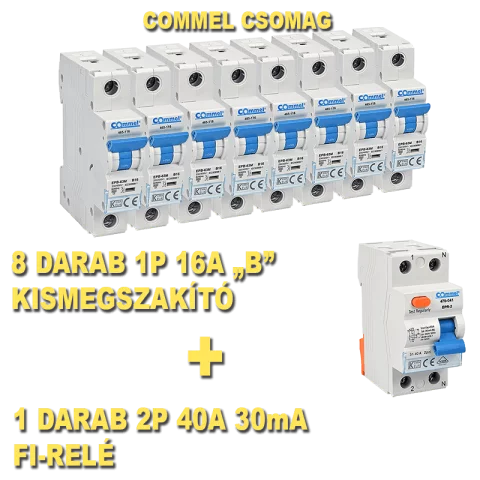 Commel egységcsomag: 2P 40A 30mA Fi-relé 470-141 + 1P B 16A kismegszakító 465-116 (1+8db)