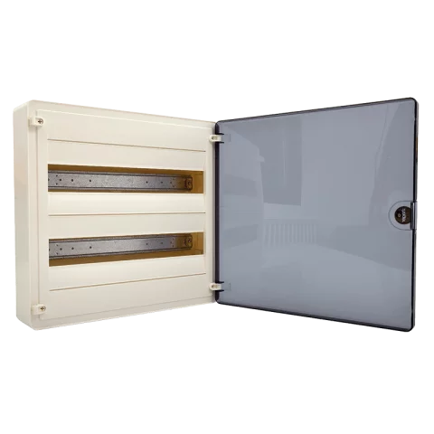Lakáselosztó falon kívüli 24 modulos elosztó szekrény átlátszó ajtóval Hager Golf VS212TD