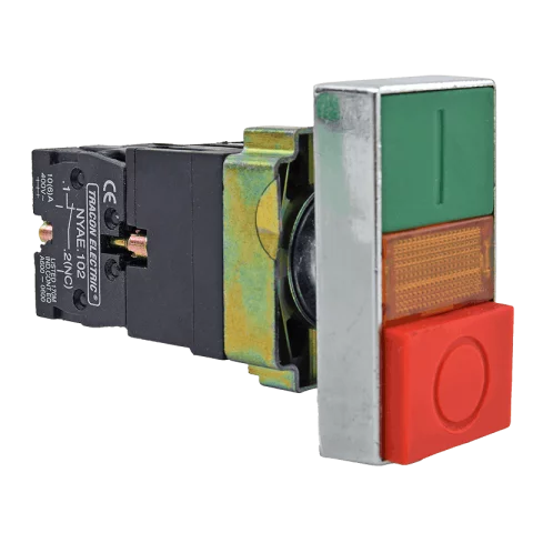 Biztonsági Nyomógomb zöld/piros jelzőlámpával Kettős nyomógomb kétfejű 230V D22 Tracon NYKK8475