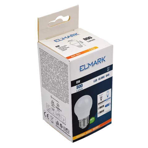 E27 LED Izzó 8W 2700K meleg fehér G45 Kisgömb Elmark 99LED911