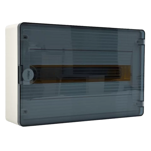 Lakáselosztó falon kívüli 18 modulos elosztó szekrény átlátszó ajtóval Hager Golf VS118TD