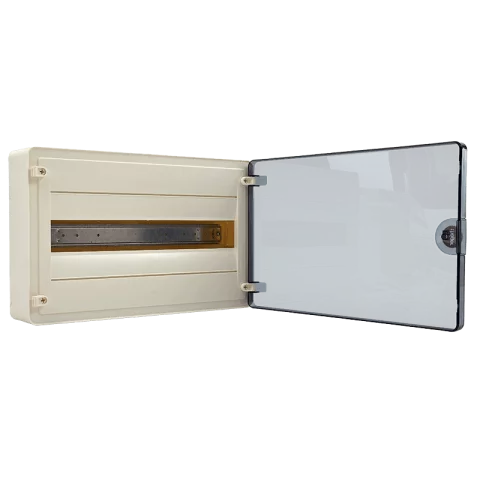 Lakáselosztó falon kívüli 18 modulos elosztó szekrény átlátszó ajtóval Hager Golf VS118TD