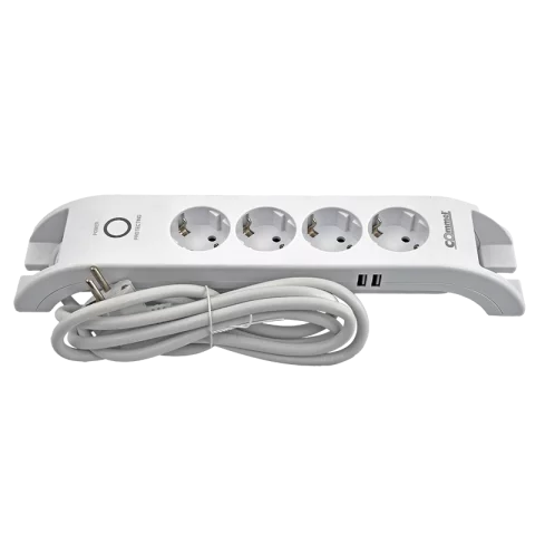 Hálózati Hosszabbító 4-es + 2x USB töltő elosztó 2m vezeték túlfeszültség védett fehér Commel