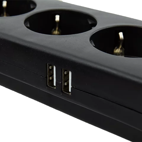 Hálózati Hosszabbító 4-es + 2x USB töltő elosztó 2m vezeték túlfeszültség védett fekete Commel
