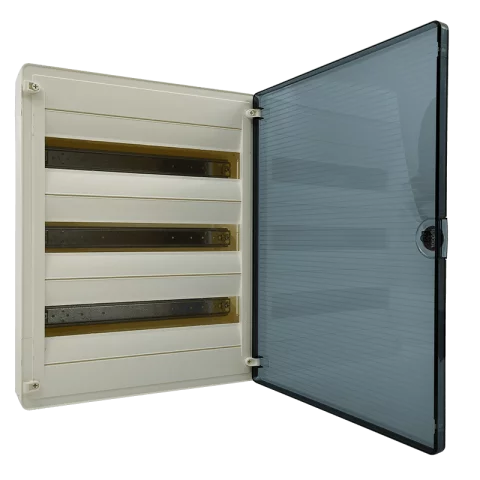Lakáselosztó falon kívüli 54 modulos elosztó szekrény átlátszó ajtóval Hager Golf VS318TD